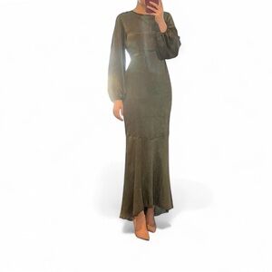 Olive Satin-Effect Backless Tie Maxi Dress Long Sleeve Mermaid Silhouette